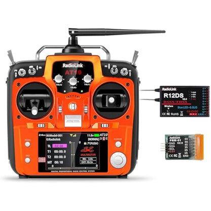 Radiolink AT10II 12 Channels RC Transmitter and R12DS Receiver Kit with PRM-01,Voltage Telemetry,2.4GHz Radio 4KM Remote Controller Receiver Kit for RC Airplane,Racing Drone,Helicopter,Car,Boat(Mode2)