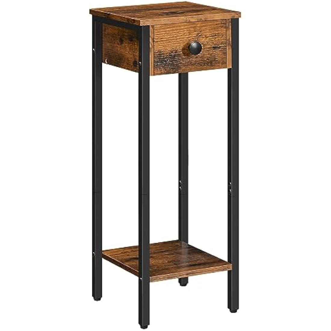 HOOBRO Slim Bedside Tables with Drawer, Small Side Table with Metal Frame, Tall Telephone Table for Small Spaces, Narrow Nightstand, Sturdy, Rustic Brown and Black EBF771BZ01
