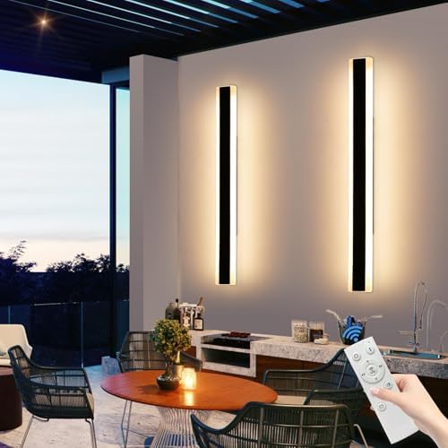 Mikeru 2Pack Outdoor Wall Lights, 100CM Dimmable LED Garden Wall Light 10% to 100% 3 Color Outdoor Wall Lamp with Remote Control 3000K/4500K/6000K Hard Wired Lighting 35W for Exterior, Villa
