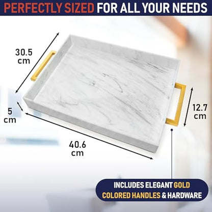 Acrylic Serving Tray with Gold Handles, 16" x 12" Decorative Trays for Coffee Table, Spill Proof Food and Drinks Server, Ottoman Tray for Countertop, Kitchen, Vanity, Serving Party Platter (Marble)