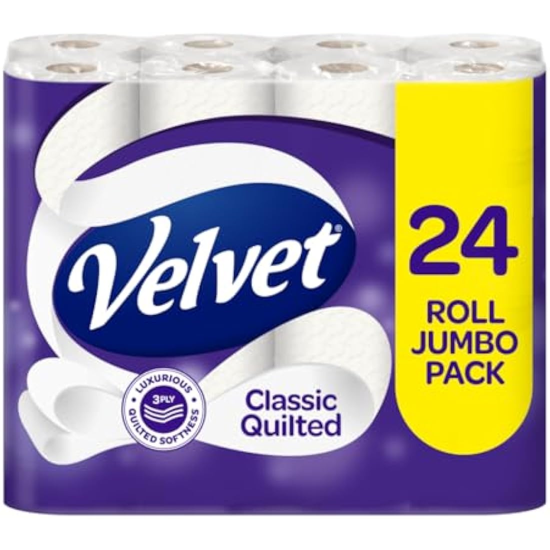 Velvet Classic Quilted Toilet Tissue 24 Rolls - Luxuriously Soft, Strong and Absorbent Toilet Roll - Jumbo Bulk Pack 24 Rolls - 3-ply - White