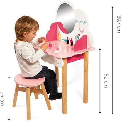 Janod - P'tite Miss Wooden Dressing Table for Children - 10 Accessories Included - Pretend Play - For children from the Age of 3, J06553, Pink and White