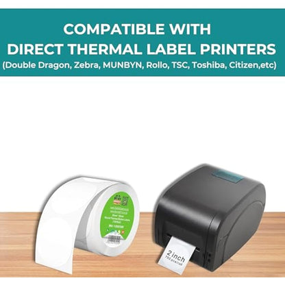 Double Dragon, 750 Premium Coated Direct Thermal Round Sticker Labels, 50mm x 50mm, Self-Adhesive, Compatible with Zebra, MUNBYN, Rollo, TSC, Toshiba, Citizen, Direct Thermal Label Printers GK420d