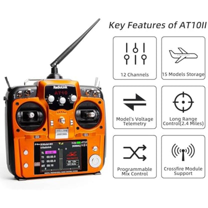 Radiolink AT10II 12 Channels RC Transmitter and R12DS Receiver Kit with PRM-01,Voltage Telemetry,2.4GHz Radio 4KM Remote Controller Receiver Kit for RC Airplane,Racing Drone,Helicopter,Car,Boat(Mode2)