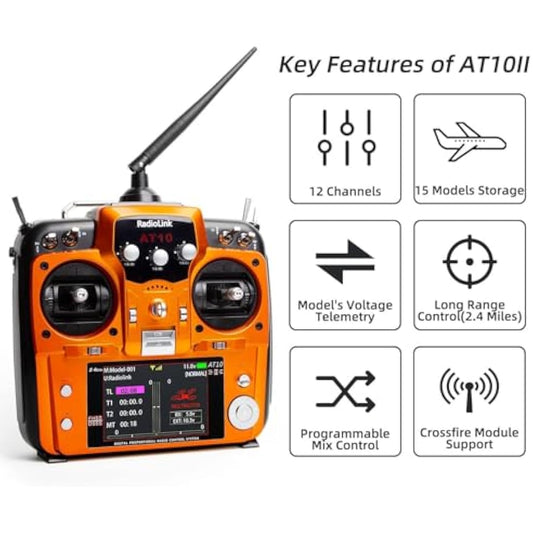 Radiolink AT10II 12 Channels RC Transmitter and R12DS Receiver Kit with PRM-01,Voltage Telemetry,2.4GHz Radio 4KM Remote Controller Receiver Kit for RC Airplane,Racing Drone,Helicopter,Car,Boat(Mode2)