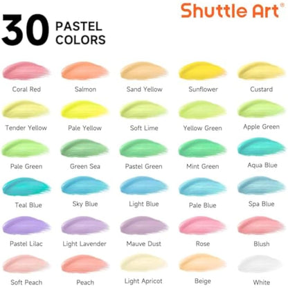 Shuttle Art 40 Pack Pastel Acrylic Paints Set, 30 Colours with 10 Paint Brushes, 60ml/2oz Bottle, High Viscosity, Waterproof for Painting & Crafting on Canvas, Rock, Ceramic, Fabric