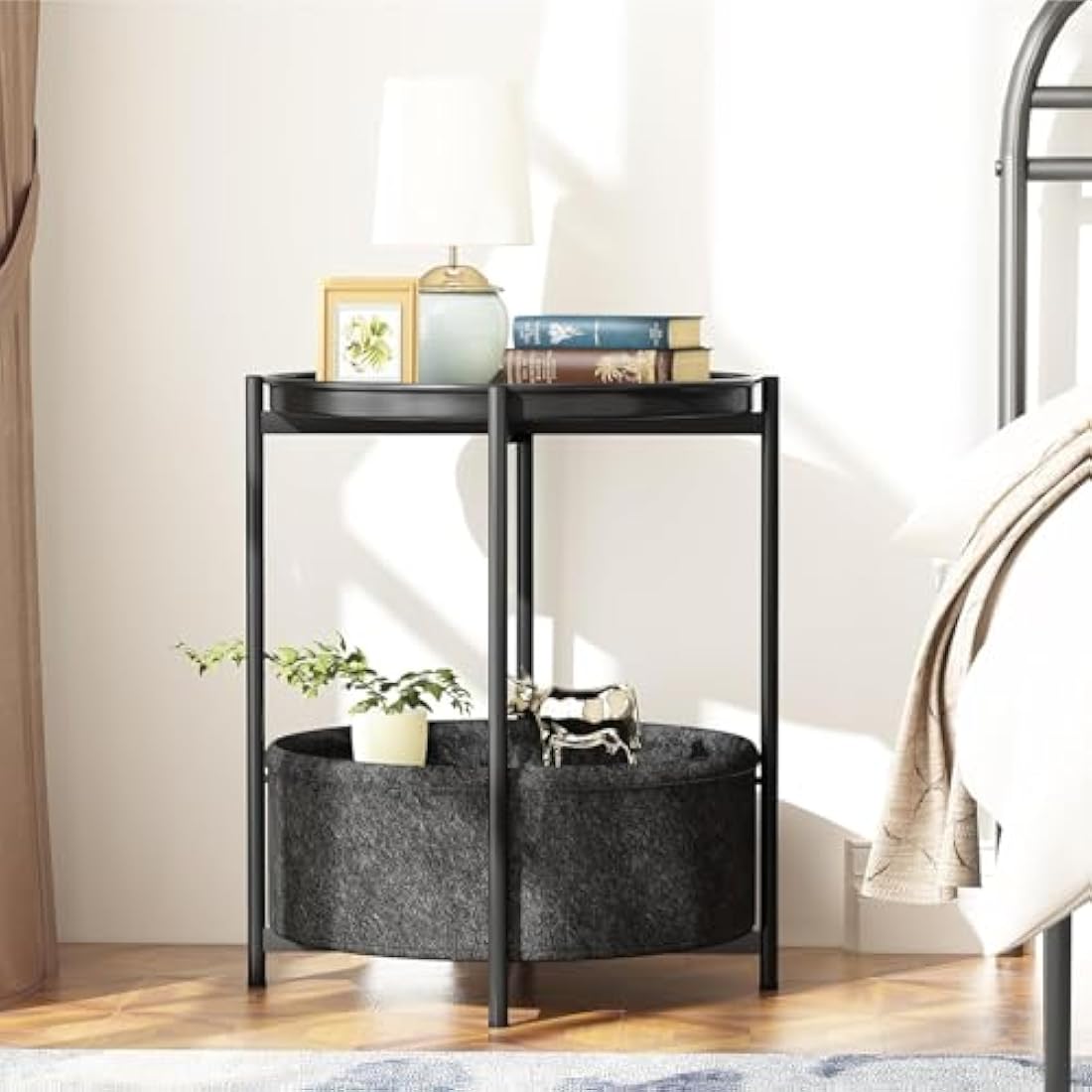 Huhote Side Table, Round End Table with Fabric Basket, Small Bedside Tables, Nightstand Sofa Tables for Living Room, Bedroom, Bathroom, Balcony, Modern Style (Black)