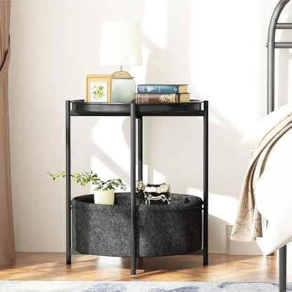 Huhote Side Table, Round End Table with Fabric Basket, Small Bedside Tables, Nightstand Sofa Tables for Living Room, Bedroom, Bathroom, Balcony, Modern Style (Black)