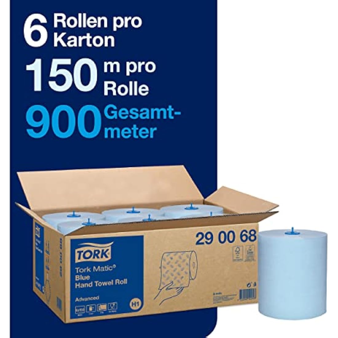 Tork Matic Paper Hand Towels Blue H1, Advanced, 6 Rolls x 150m, 290068