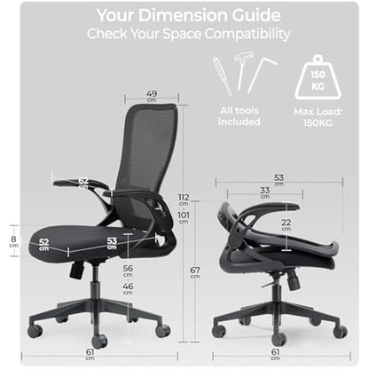 Tervo Model U | Folding Office Chair for Small Spaces | Ergonomic Design with High Rebound Mesh | Computer Desk Chair for Gaming | For Adults & Kids | Foldable & Compact with Flip Up Arms