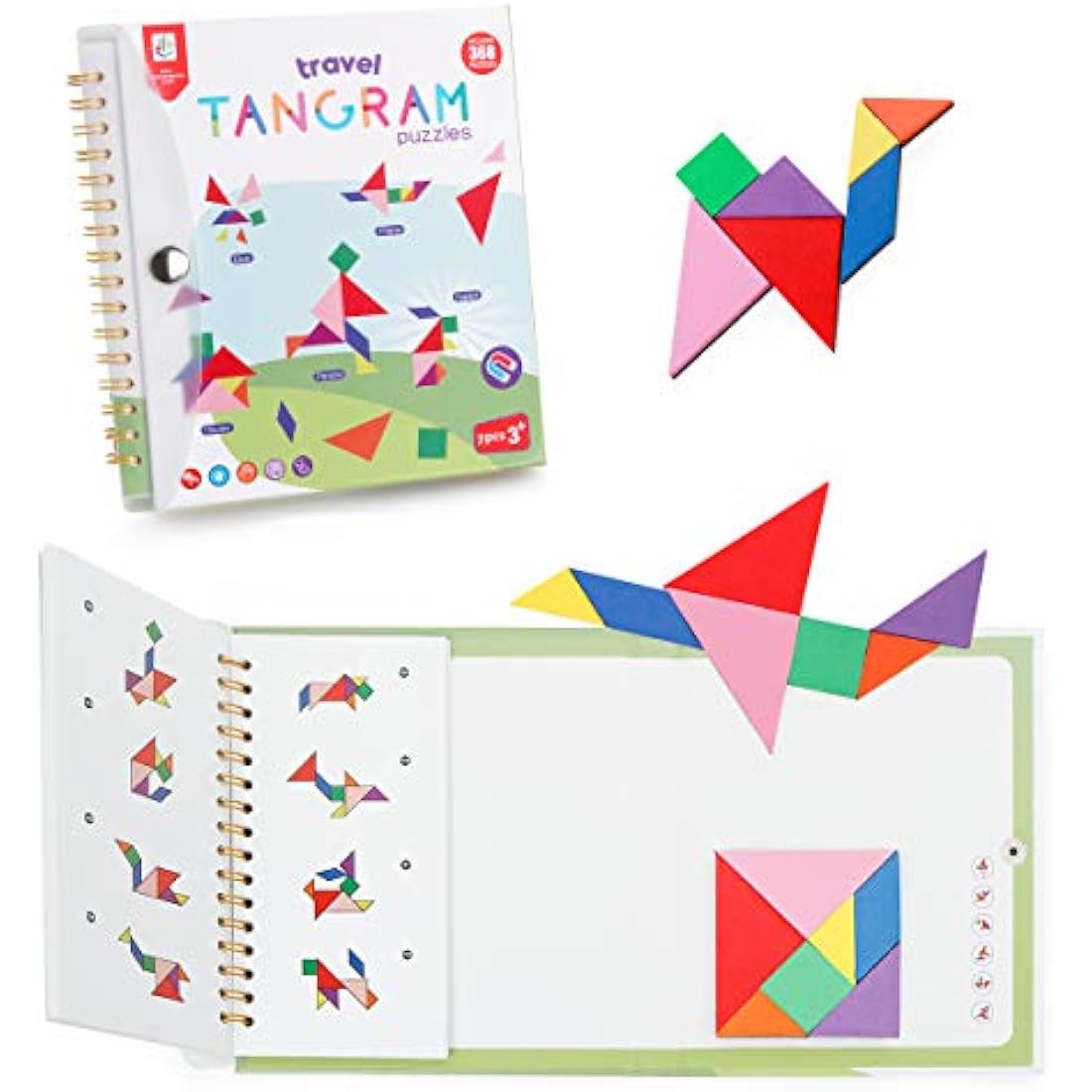 Coogam Travel Tangram Puzzle with 3 Set of Magnetic Tangram - Road Trip Tangoes Jigsaw Shapes Dissection Games with Solution - IQ Book Educational Toy Brain Teaser Gift for Kid Adult Challenge
