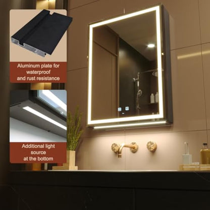 KWW 50 x 70 cm LED Lighted Bathroom Medicine Cabinet with Mirror, Defogger, Dimmer, 3 Color Light Makeup Mirror, Easy to Install, Wall Mounted Medicine Cabinet without Socket & USBs
