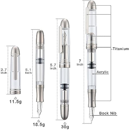 Asvine P36 Titanium Fountain Pen Piston Filling, Bock Medium Nib Clear Transparent Acrylic Smooth Writing Pen Case Set, Torpedo shape