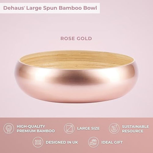 Dehaus® Large Stylish Bamboo Fruit Bowl - 30cm, Rose Gold - Wooden Salad Serving Bowl - Fruit Basket for Kitchen or Bread Basket - Table Centrepiece Decoration - Home & Kitchen Tableware Accessories