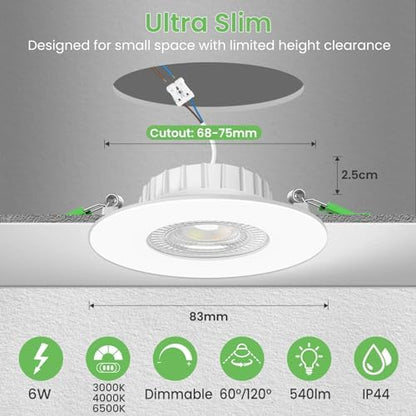 ALUSSO LIGHTING LED Recessed Ceiling Lights 6W 540lm, Ø68mm Downlight for Ceiling, Dimmable 3CCT Warm White 3000K Neutral White 4000K Cool White 6500K, IP44 Spotlights for Bathroom, 6Pack