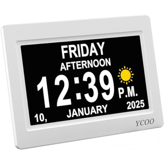 YCOO Dementia Clock, Day Date Digital Clock with Sun/Moon Icons, Large Clear Digital Display, Auto DST, 7 Display Modes, Wired Power Supply Clocks. (7 Inch White)