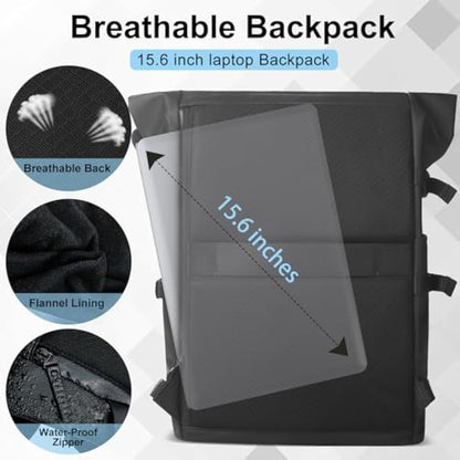 hk Roll Top Backpack Large Laptop Backpack 15.6'' USB Port Water-resistant Anti-theft Rucksack Travel Hiking Camping College School Work (27L Black)