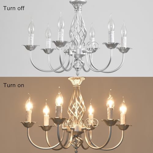 JIINOO French Country Chandeliers,Rustic Pendant Chandelier,Silver Vintage Height Adjustable Candle Wrought Iron Chandelier,6 Lights Farmhouse Pendant Light Fixture for Kitchen Dining Room Living Room