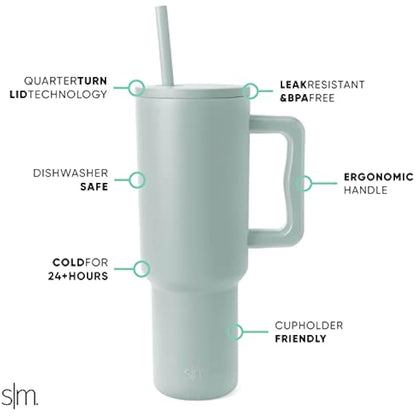 Simple Modern Tumbler 40 oz with Handle and Straw | Insulated Stainless Steel Water Bottle Iced Coffee Cup Travel Mug | Gifts for Women & Men | Trek | 1180ml | Sea Glass Sage