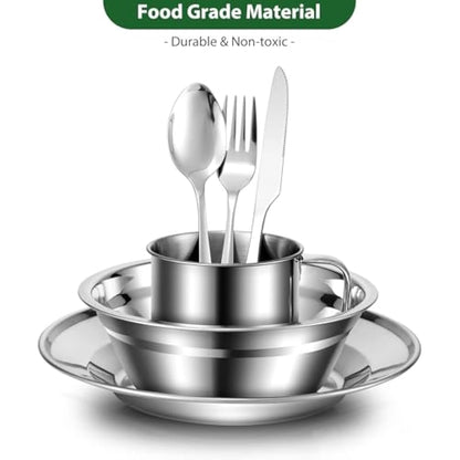 Odoland Camping Cutlery Set - Stainless Steel Tableware Mess Kit Includes Plate Cup Fork Spoon, 8 in 1 Flatware Kit with Mesh Bag - Dinnerware Utensils Set for Outdoor Camping Hiking and Picnic