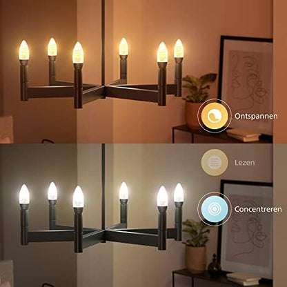 Philips Hue Filament Candle 2 Pack White Ambiance LED Smart Light Bulb [E14 Small Edison Screw] 4.9W for Indoor Home Lighting. Bedroom, Livingroom and Dining.