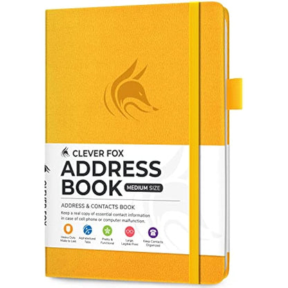 Clever Fox Address Book with alphabetic tabs - PU Leather Telephone and Address Book for Keeping Contacts Safe, Contact Organizer Journal, Medium Size (13.5 x 19cm) Hardcover, Amber Yellow