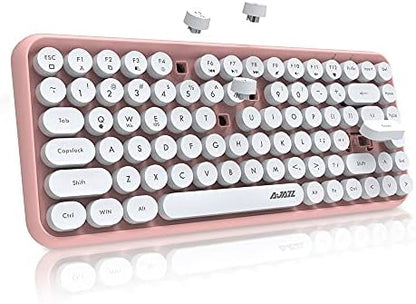 FELiCON 308i Retro Wireless Keyboard, Bluetooth Silent Cute Computer Keyboard with Round Punk Compact 84 keys, Lightweight, Matte Texture,Typewriter Design for PC, Laptop, Mac, Phone-Pink