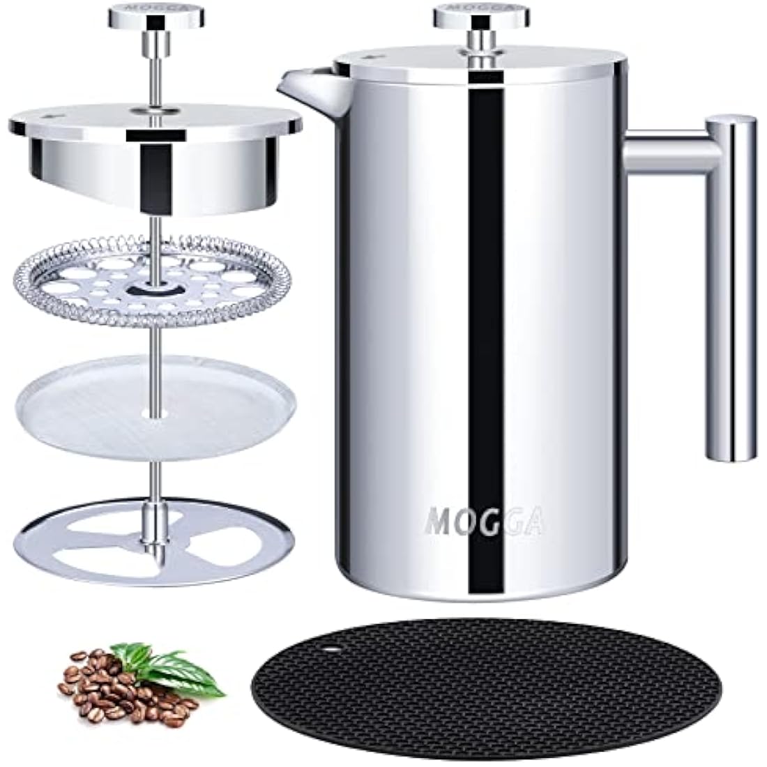 MOGGA Cafetiere 34oz/1000ml Coffee Maker Double Walled Insulated French Press with Silver Color and Large Capacity Stainless Steel Coffee Pot Easy to Use and Clean in Home Office and Camping