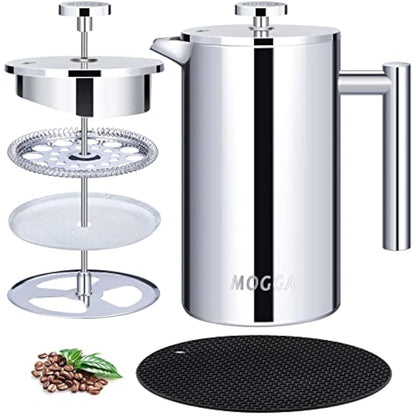 MOGGA Cafetiere 34oz/1000ml Coffee Maker Double Walled Insulated French Press with Silver Color and Large Capacity Stainless Steel Coffee Pot Easy to Use and Clean in Home Office and Camping