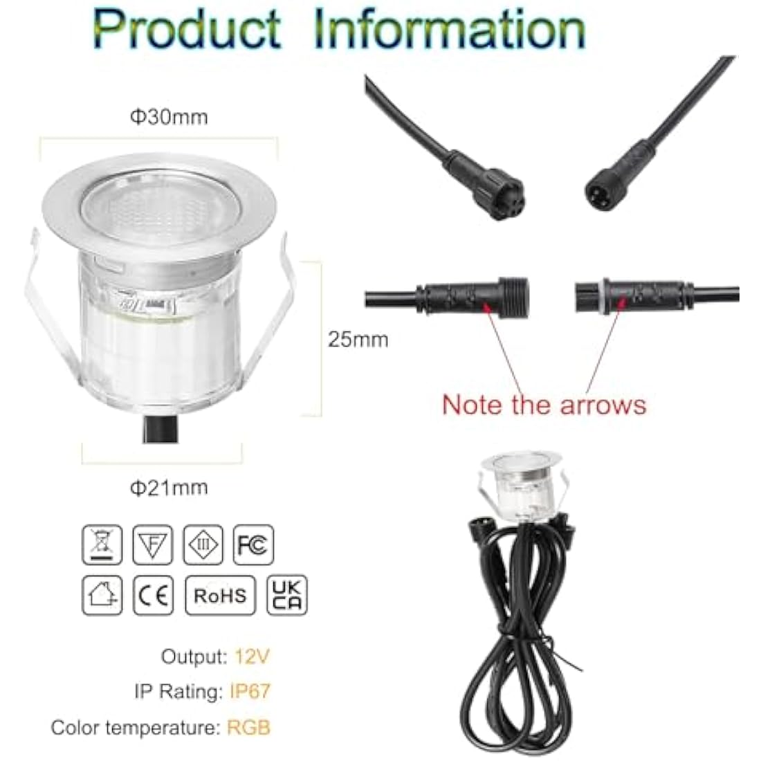 GEYUEYA Home Led Decking Lights RGB Waterproof IP67 Multicolor Ø30MM 12V APP Function LED Deck Lights with Remote Control for Terrace/Patio/Path -30 Packs