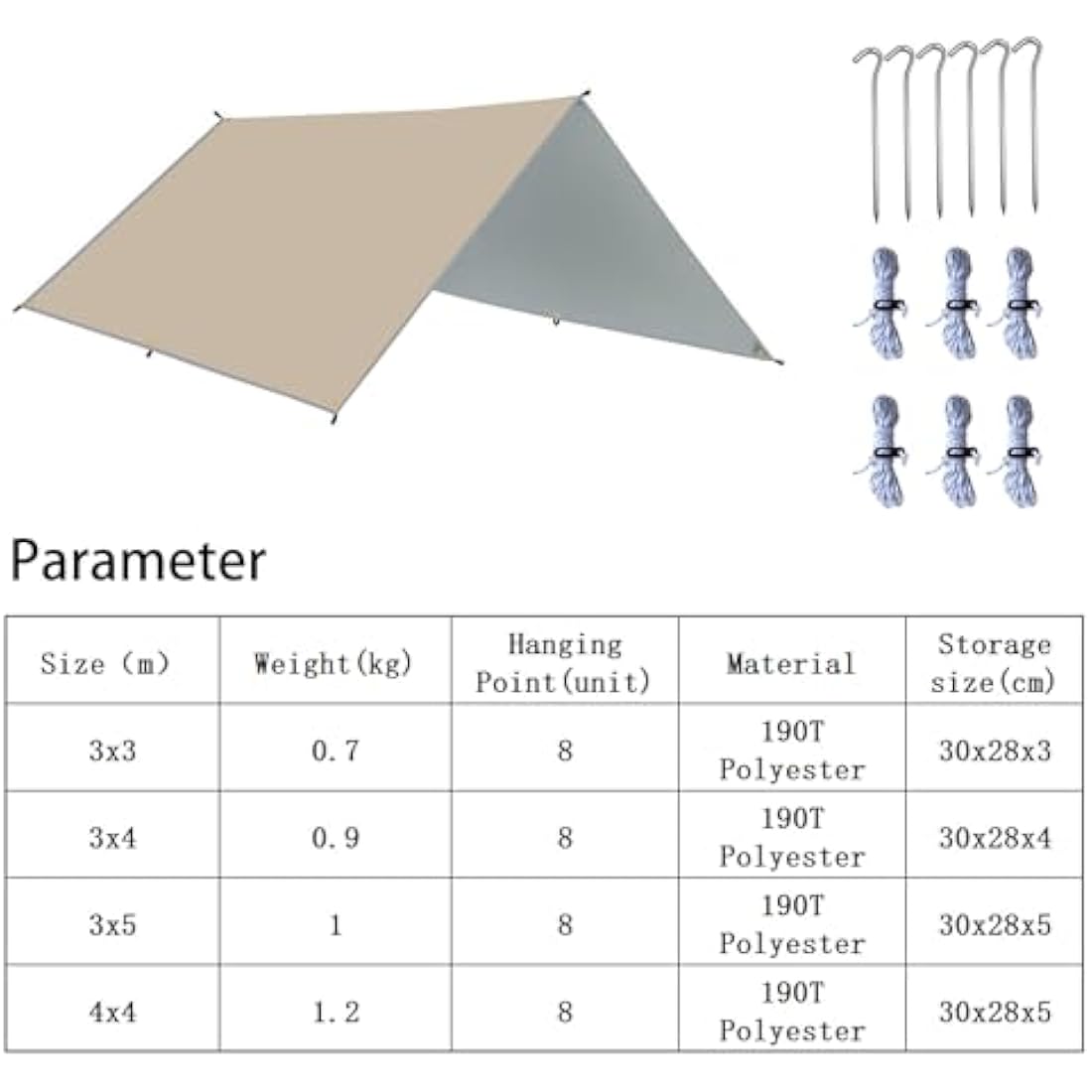 HIDEWALKER Camping Tarp Shelter 3x3m 3x4m 3x5m Lightweight Tent Tarpaulin Waterproof Tent Awning Canopy Basha Sunshade for Hiking Backpacking (Khaki, 3x4m)