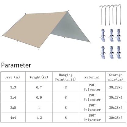 HIDEWALKER Camping Tarp Shelter 3x3m 3x4m 3x5m Lightweight Tent Tarpaulin Waterproof Tent Awning Canopy Basha Sunshade for Hiking Backpacking (Khaki, 4x4m)
