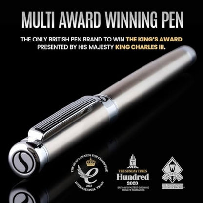 Scriveiner Stainless Steel Fountain Pen - Stunning Luxury Pen with Steel Finish, Schmidt Nib (Medium), Best Pen Gift Set for Men & Women, Professional, Executive Office, Nice Designer Pens