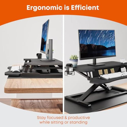 PUTORSEN Standing Desk Converter, 37'' Dual Tiered Sit-Stand Desk Riser with Keyboard Tray, Height Adjustable Computer Workstation with Cup Holder and Note Board up to 15kg, Black