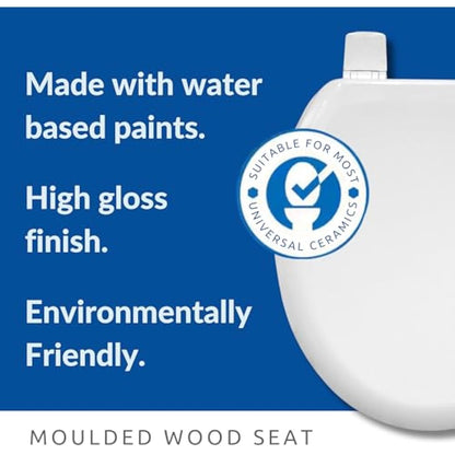 BEMIS Chicago White Toilet Seat. Wooden Toilet Seat with Water Based Paint for Easy Clean. Oval Shape, with Adjustable Plastic Hinges, Universal & Easy Installation, White
