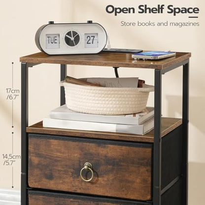 HOOBRO Bedside Table with Charging Station, Side Table with 2 USB Ports and Outlet, End Tables with 2 Fabric Drawers, Nightstand for Small Spaces, Rustic Brown and Black EBF110KBZ01