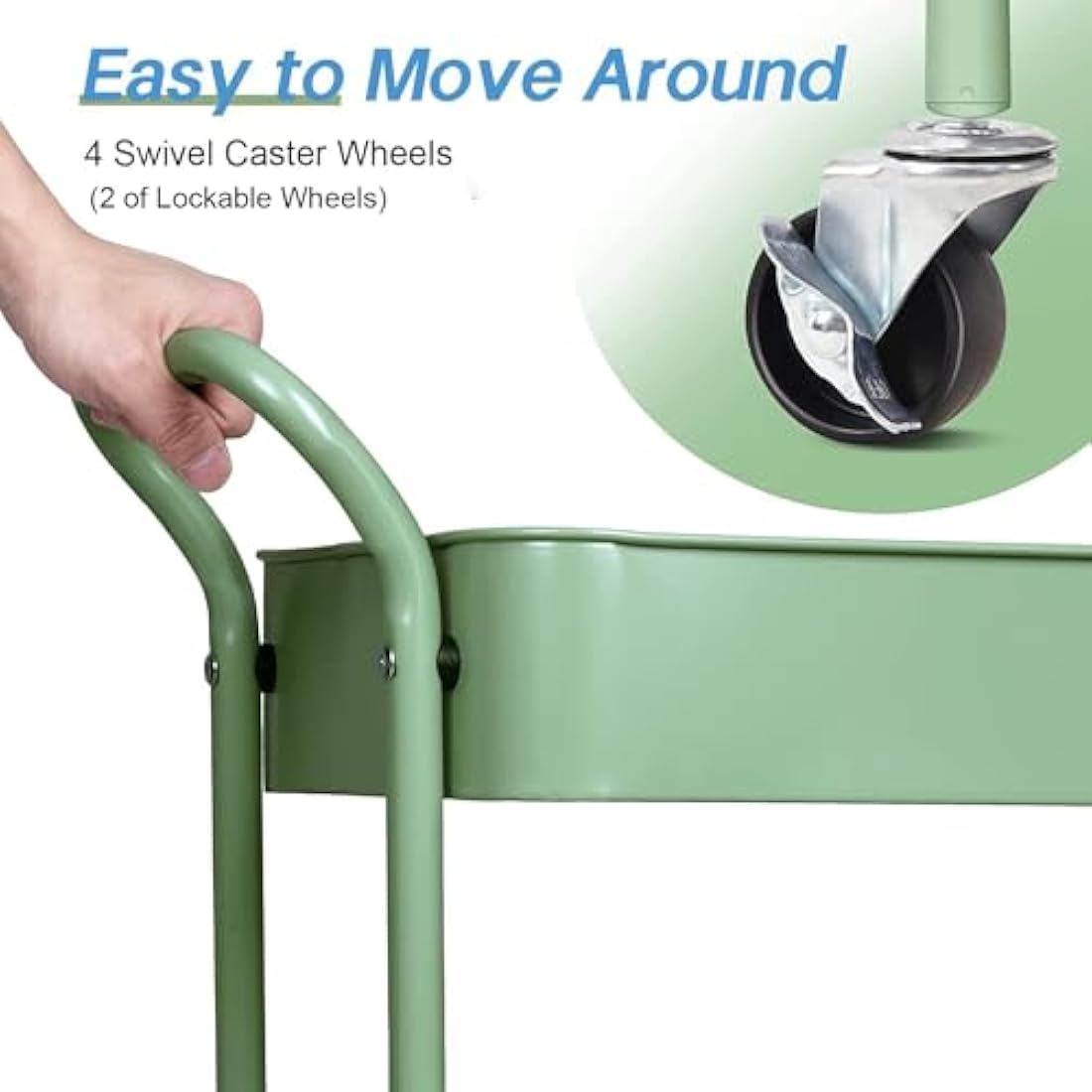 MISSLO Storage Trolley 3 Tier Rolling Cart with Wheels and Handle, Under Desk 27" Height Small Metal Utility Cart Organizer Rack Shelf, Mobile Book Cart for Office, Kitchen, Bathroom (Green)