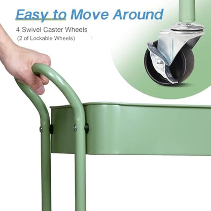 MISSLO Storage Trolley 3 Tier Rolling Cart with Wheels and Handle, Under Desk 27" Height Small Metal Utility Cart Organizer Rack Shelf, Mobile Book Cart for Office, Kitchen, Bathroom (Green)