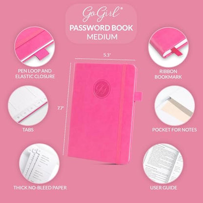 GoGirl Password Book with Alphabetical tabs – Internet Address & Password Keeper Logbook for Password Organization, Journal Notebook for Saving Website Logins. Medium Size 13.5 x 19cm - Hot Pink
