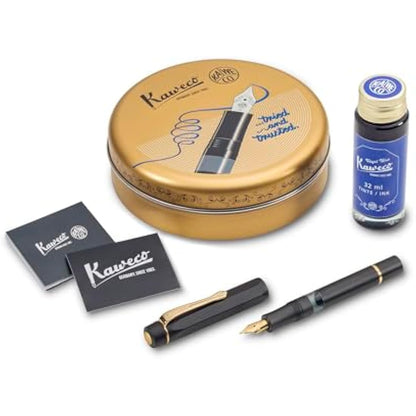 Kaweco PISTON SPORT AL Black/Gold Starter Set I Classic Fountain Pen with Steel Nib in Nostalgic Box including Ink Bottle in Royal Blue 13 cm I Nib: M (Medium)