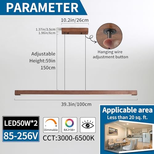 Mikeru Walnut Pendant Light, 100cm Dimmable Hanging Ceiling Lighting 10% to 100% Remote Control Wood Chandelier 3000K/4500K/6500K Modern Kitchen Island Lights for Living Room, Conference Room