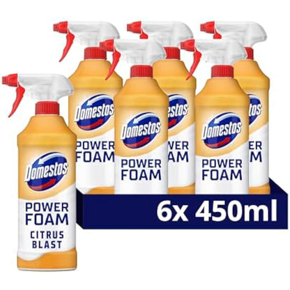 Domestos Power Foam Citrus Blast Upside Down Spray bleach-free toilet & bathroom cleaner eliminates 99.99%* of germs 6x 450 ml