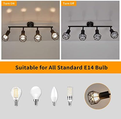 Spotlight Fitting, Retro Rotatable Ceiling Spotlight, Black Metal Iron Lampshade Ceiling Light, Adjustable Lamp for 4 E14 Bulb, Suitable for Living Room Bedroom Kitchen Loft Hallway