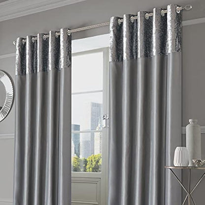 Sienna PAIR of Crushed Velvet Band Curtains Fully Lined Eyelet Ring Top Faux Silk Window Treatment Panels - Silver Grey, Width 66" x Drop 90"