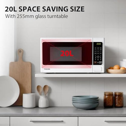 TOSHIBA 20 Liter 800W Digital Solo Small Microwave With 11 Power Levels, One-touch Express Cook with 6 Preset Recipe, Defrost, Digital Display, Perfect for 9'' pizza, Easy Clean, White- MM-EM20P(WH)