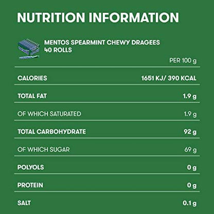 Mentos Spearmint Soft Mints, Refreshing Chewy Sweets With Natural Colours, Suitable for Vegetarians - 40 Rolls