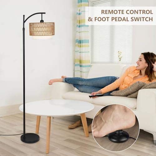 Rayofly Arc Floor Lamp for Living Room, Dimmable Floor Lamps with Remote Control, Boho Standing Lamp with Rattan & Linen Double Shades, Black Reading Tall Lamp for Bedroom Office