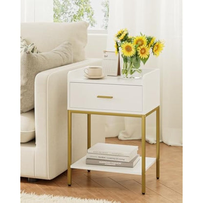 HEYZOEY Bedside Table, 3-Tier Bedside Cabinet with Storage Drawer and Open Shelf, Small End Side Table with Gold Legs for Bedroom, Living Room, White
