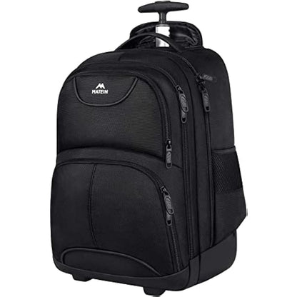 MATEIN Travel Backpack with Wheels, Rucksack with Wheels Cabin Size Wheeled Backpack 17inch Laptop Trolley Business Cabin Bag Carry On Suitcase Hand Luggage School Backpack for Women, Men, Uni, Black