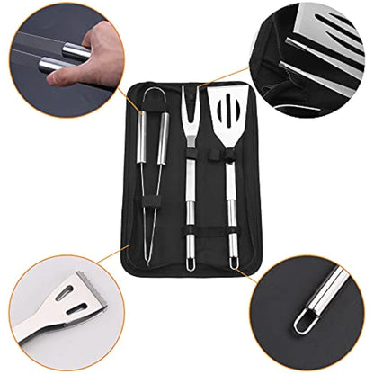 BBQ Tool Set,3 Pcs Professional Stainless Steel Grill Accessories Set with Handle Storage Bag,Camping Barbecue Grilling Utensils Kit Spatula Tongs Fork for Birthday Christmas Party